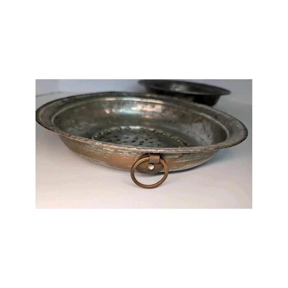 Antique Copper Colander Strainer Lot 3 Hand Punched Iron Ring Handle Tinned